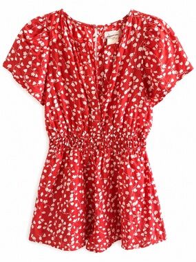 Red and White Floral V-Neck Smocked Waist Top